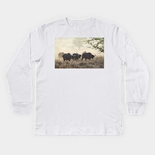 Raising Dust. African Buffalo. Tanzania. Kids Long Sleeve T-Shirt